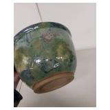 Handmade Pottery Bowl with Purple Interior and Green Glaze, 8 Inch Diameter