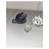 Collection of 4 Animal Figurines: Swarovski Crystal Hedgehog, Glass Bird, Pearlite Quail, and Frosted Hedgehog