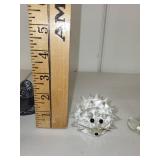 Collection of 4 Animal Figurines: Swarovski Crystal Hedgehog, Glass Bird, Pearlite Quail, and Frosted Hedgehog