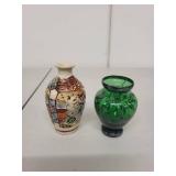 Pair of Miniature Decorative Vases - Hand-Painted Ceramic and Green Glass