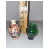 Pair of Miniature Decorative Vases - Hand-Painted Ceramic and Green Glass