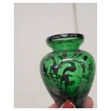 Pair of Miniature Decorative Vases - Hand-Painted Ceramic and Green Glass