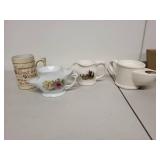 Collection of 4 Vintage Ceramic Mugs and Mustache Cups with Decorative Designs