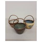 Set of 3 Small Handmade Glazed Pottery Baskets with Twisted Wire Handles