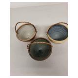 Set of 3 Small Handmade Glazed Pottery Baskets with Twisted Wire Handles