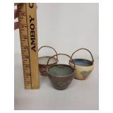 Set of 3 Small Handmade Glazed Pottery Baskets with Twisted Wire Handles