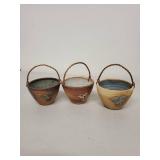 Set of 3 Small Handmade Glazed Pottery Baskets with Twisted Wire Handles