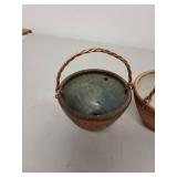 Set of 3 Small Handmade Glazed Pottery Baskets with Twisted Wire Handles