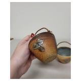Set of 3 Small Handmade Glazed Pottery Baskets with Twisted Wire Handles