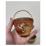 Set of 3 Small Handmade Glazed Pottery Baskets with Twisted Wire Handles