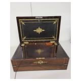 Antique 19th Century Writing Slope Box with Inkwells and Brass Inlay