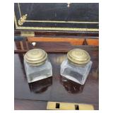 Antique 19th Century Writing Slope Box with Inkwells and Brass Inlay