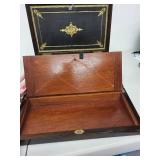 Antique 19th Century Writing Slope Box with Inkwells and Brass Inlay