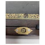 Antique 19th Century Writing Slope Box with Inkwells and Brass Inlay
