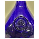 Vintage Cobalt Blue Glass Carafe with Embossed Face Medallion