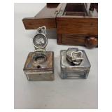 Antique Wooden Writing Box with Inkwells and Drawer