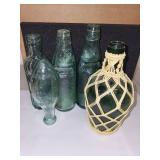 Collection of 5 Vintage Glass Bottles Including Demijohn and Seltzer Bottles
