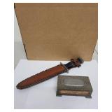 Norwegian PERLETIN Metal Matchbox Holder and Vintage Fixed Blade Knife with Sheath