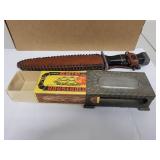 Norwegian PERLETIN Metal Matchbox Holder and Vintage Fixed Blade Knife with Sheath