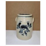 Handcrafted Stoneware Crock with Blue Peafowl Design, Signed