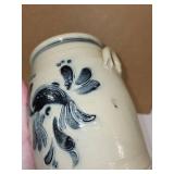 Handcrafted Stoneware Crock with Blue Peafowl Design, Signed