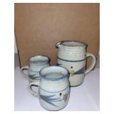 Set of 3 Handcrafted Stoneware Pottery Mugs and Pitcher