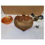 Decorative Ceramic Lot with Acorn Wall Pocket, Pumpkin Dish, and Porcelain Bird Figurines