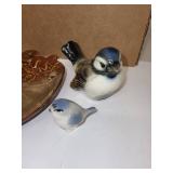 Decorative Ceramic Lot with Acorn Wall Pocket, Pumpkin Dish, and Porcelain Bird Figurines