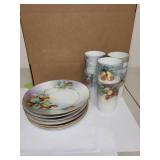 Antique RS Germany Porcelain Plates and Tumblers Set with Hand-Painted Fruit Designs