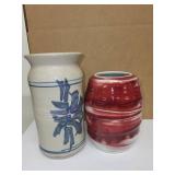Set of 2 Handcrafted Pottery Vases Blue Floral and Red Swirl