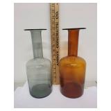 Pair of Vintage Art Glass Bottles in Amber and Gray
