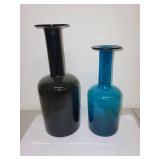 Set of 2 Empoli Italian Art Glass Vases Green and Blue