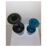 Set of 2 Empoli Italian Art Glass Vases Green and Blue