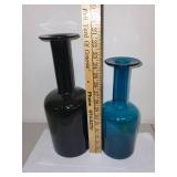 Set of 2 Empoli Italian Art Glass Vases Green and Blue
