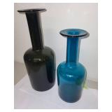 Set of 2 Empoli Italian Art Glass Vases Green and Blue