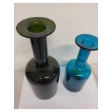 Set of 2 Empoli Italian Art Glass Vases Green and Blue