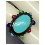 Vintage Sterling Silver 925 Ring with Turquoise and Colorful Accents Size 8.5