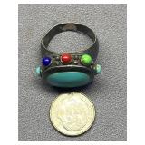 Vintage Sterling Silver 925 Ring with Turquoise and Colorful Accents Size 8.5