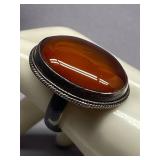 Vintage Sterling Silver 925 Ring with Large Amber Oval Stone Size 10