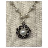 Sterling Silver 925 Pearl Necklace with Floral Pendant