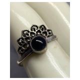 Sterling Silver 925 Ring with Black Stone and Filigree Design Size 8
