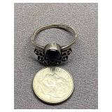 Sterling Silver 925 Ring with Black Stone and Filigree Design Size 8