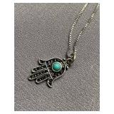 Sterling Silver 925 Hamsa Necklace with Turquoise Stone