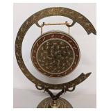 Ornate Brass Gong with Intricate Floral Pattern and Stand Decorative Piece 12" Height