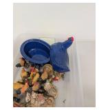 Lot of Rooster Animal Figurines and Blue Speckled Chicken Dish Decor Collection