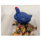 Lot of Rooster Animal Figurines and Blue Speckled Chicken Dish Decor Collection