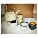 Handmade Studio Pottery Tea Set with Teapot, Creamer, and Cups