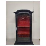 Black Glass Display Cabinet with Red Interior Shelves, 43 Inch Tall
