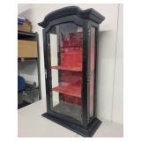 Black Glass Display Cabinet with Red Interior Shelves, 43 Inch Tall
