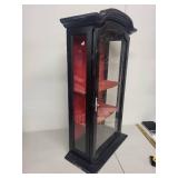 Black Glass Display Cabinet with Red Interior Shelves, 43 Inch Tall